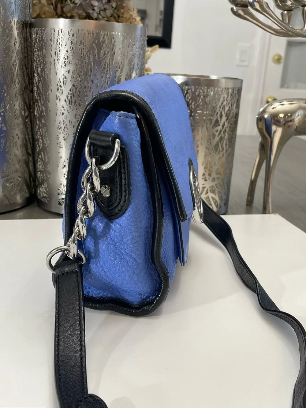 Michael Kors Blue Leather Crossbody Bag MK Logo Flap Chain Strap Shoulder